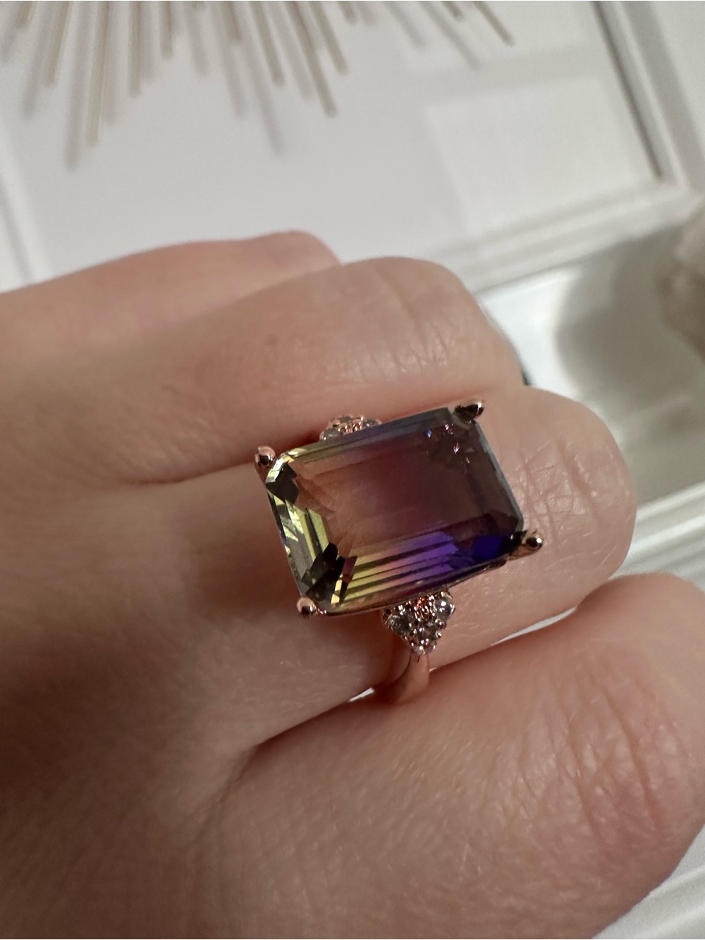 Lab Ametrine Rectangular Ring with Rose Gold Band Sz 8